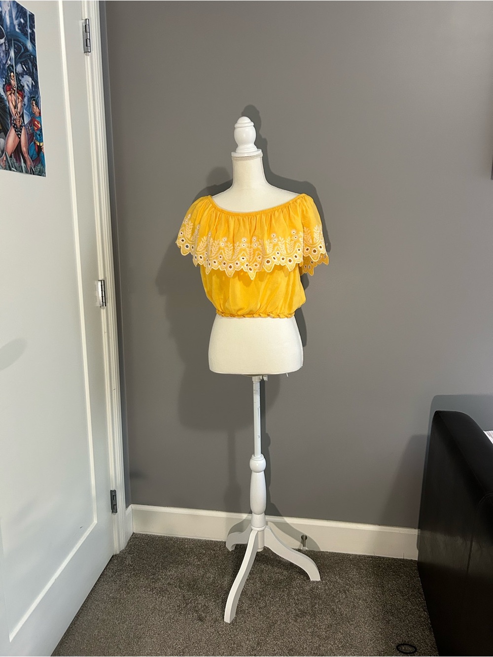 Yellow Off-Shoulder Eyelet Crop Top